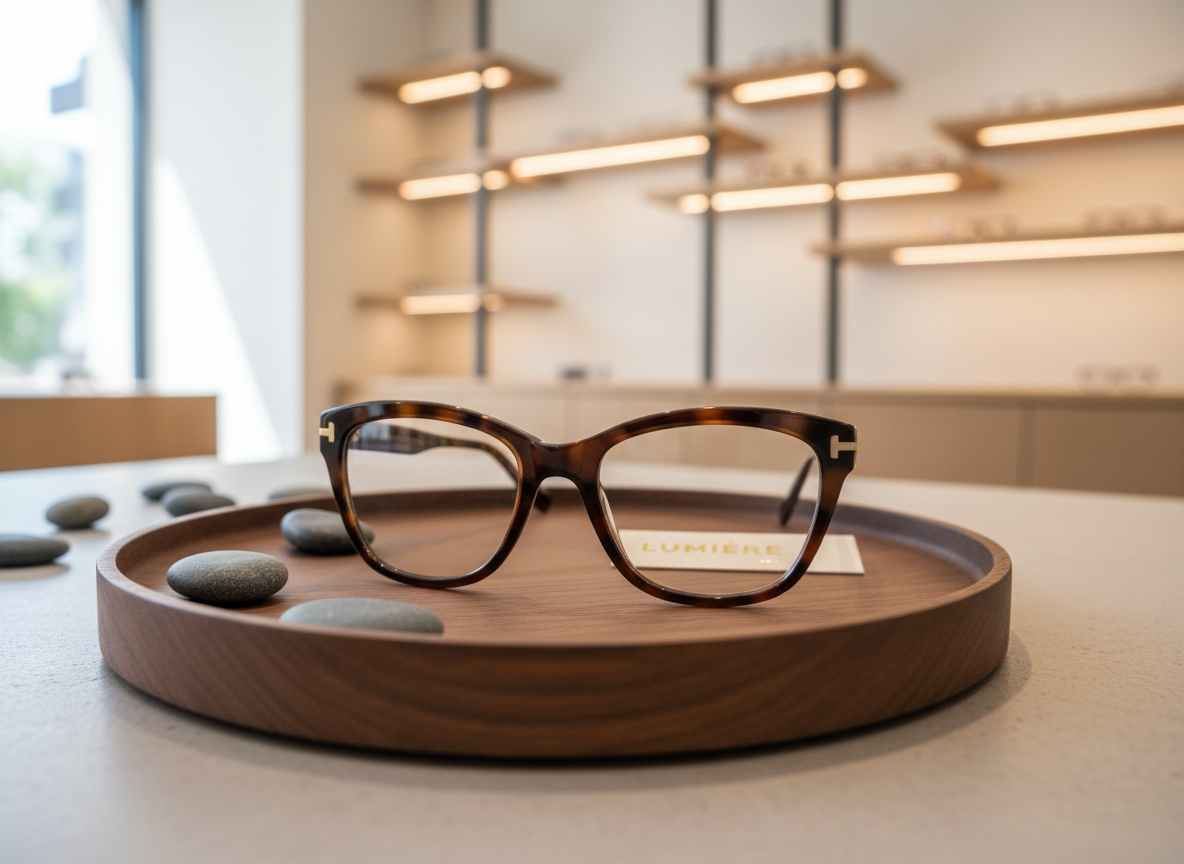 close-up of stylish designer eyeglasses displayed on a tray in a modern boutique, soft neutral background, natural light, premium eyewear photography