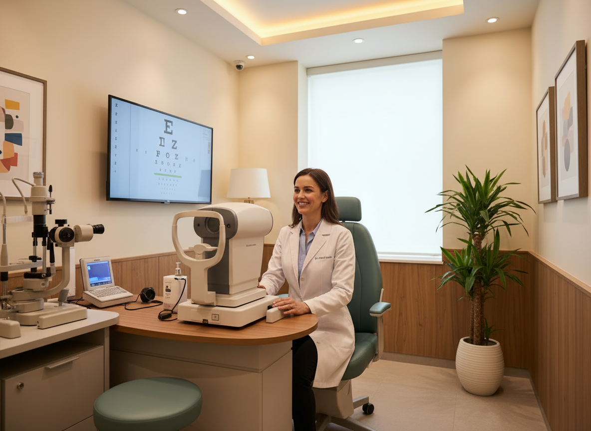 Edit the image to remove the appearance that the doctor is sitting on the patient, so it looks like a normal optometrist performing an eye exam.